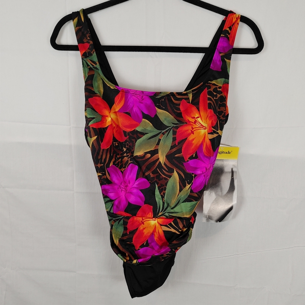 Longitude Floral Slimming Tummy Control One-Piece Size Bow Detail Size 12 NWT